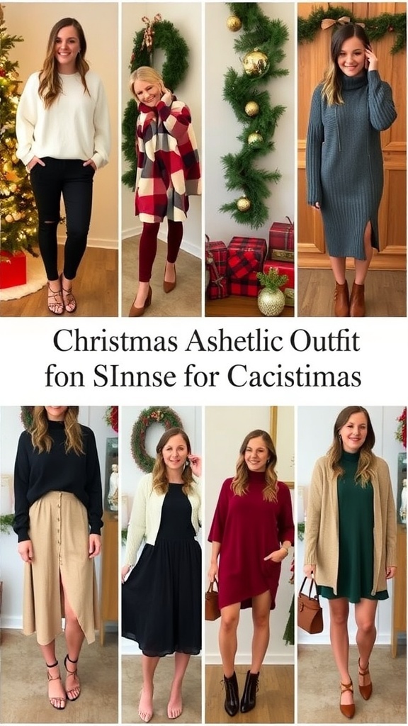 A collection of fashionable Christmas outfits for women, featuring sweaters, dresses, and accessories in festive colors.